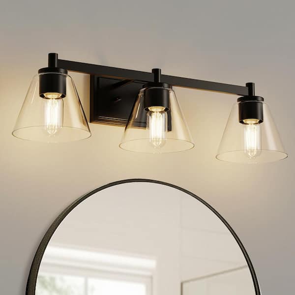 YANSUN 25 in. 3-Light Black Vanity Light with Cone Clear Glass Shades for Bathroom, Mirror, Living Room