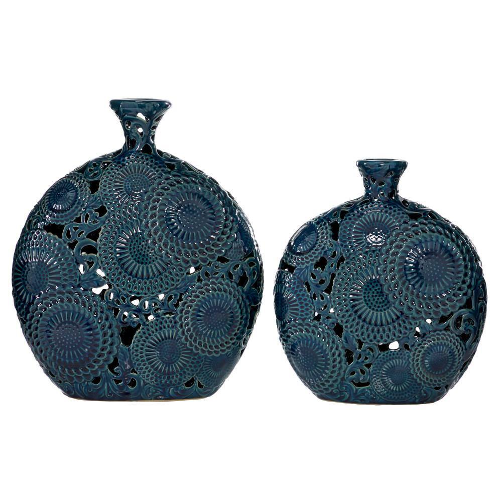 Eclectic Floral Blue Ceramic Bud Vase Set, 13" and 15.5" Height
