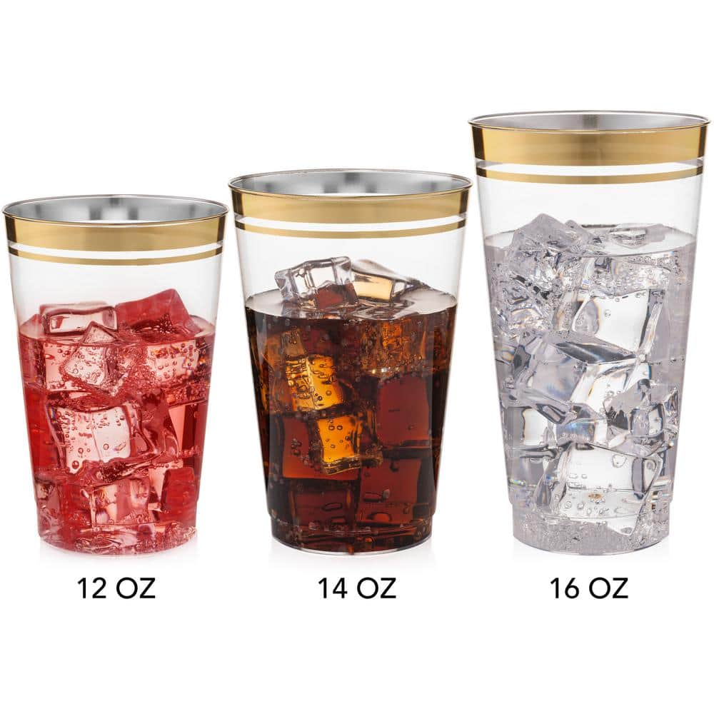 12 oz Clear Plastic Cups with Gold Rim, Set of 100
