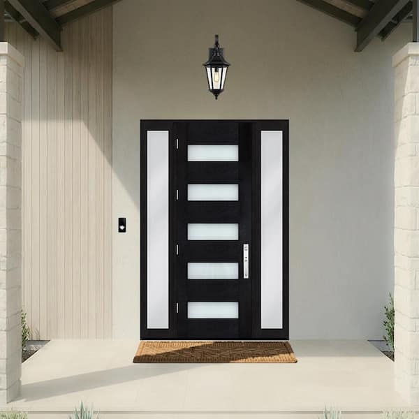 Regency 72 in. x 80 in. 5L Modern Frosted Glass RHOS Onyx Fiberglass Prehung Front Door w/Dbl 16in.SL and NKL Lockset