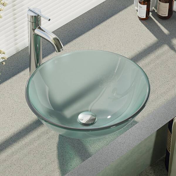 Rene Glass Vessel Sink in Frosted with R9-7001 Faucet and Pop-Up Drain in Chrome