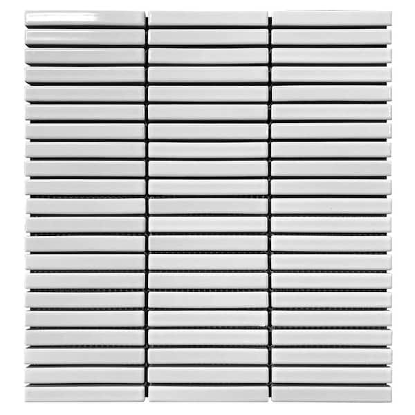 Porcetile Glossy White 11.2 in. x 11.91 in. Stacked Porcelain Mosaic Wall and Floor Tile (9.3 sq. ft./Case)