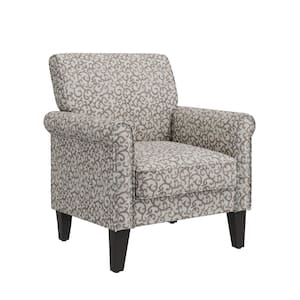 Jean Tan Curly Vine Pattern Fabric Traditional Rolled Arm Accent Chair with Nailheads