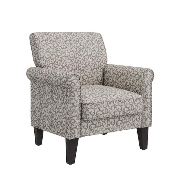 Handy Living Jean Tan Curly Vine Pattern Fabric Traditional Rolled Arm Accent Chair with Nailheads