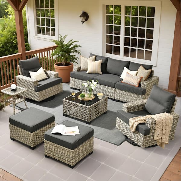 Kelleys 9-Piece Wicker Outdoor Patio Conversation Sofa Furniture Set with Swivel Chairs, Tables and Black Cushions