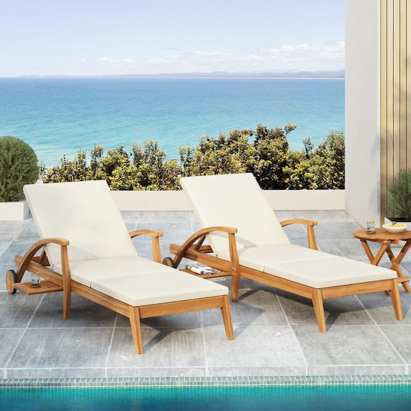 Enon Patio Solid Wood Outdoor Chaise Lounge with Cream Cushion, Wheel, Aajustable Backrest, Teak Finish, (Set of 2)