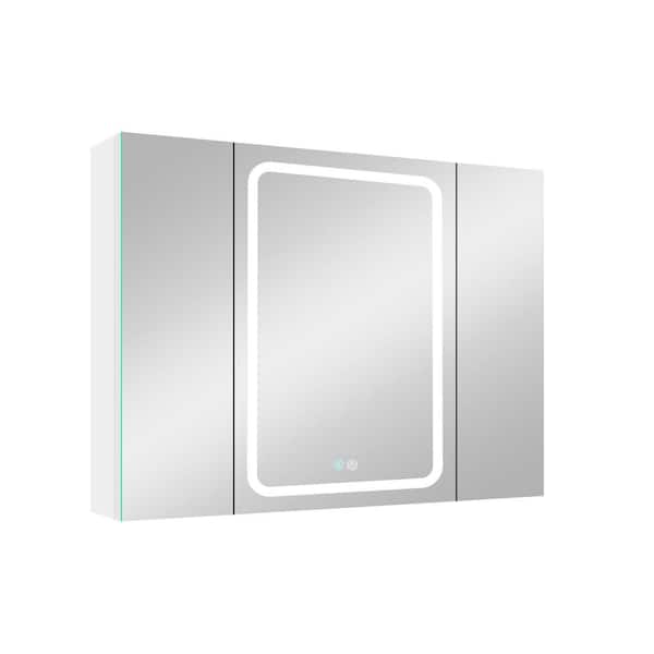 XUJMK 40 in. W x 30 in. H Rectangular Aluminum Medicine Cabinet with Mirror, LED Wall Bathroom Cabinet with 3 Cupboards