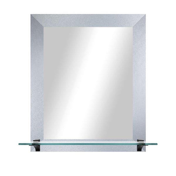 Unbranded 21.5 in. W x 25.5 in. H Rectangle Light Silver Vertical Mirror With Tempered Glass Shelf/Black Brackets