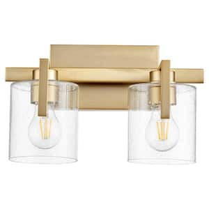 2-Light 100-Watts Medium Base Lamp Light Vanity 14 in. Width with 2 Clear Seeded Glass Diffusers Aged Brass