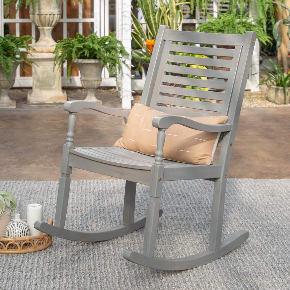 Great Deal Furniture Set of 2 David Grey/Dark Grey Outdoor Acacia Wood Rocking Chair with Cushion