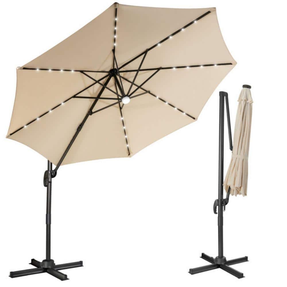 Clihome 10 ft. 28LED Lighted Cantilever Solar Patio Umbrella in Beige