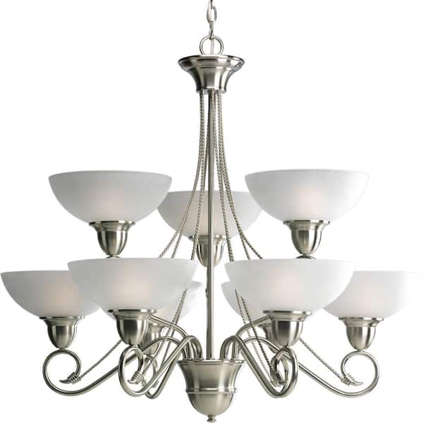 Progress Lighting Pavilion Collection 9-Light Brushed Nickel Chandelier with Etched Watermark Glass Shade