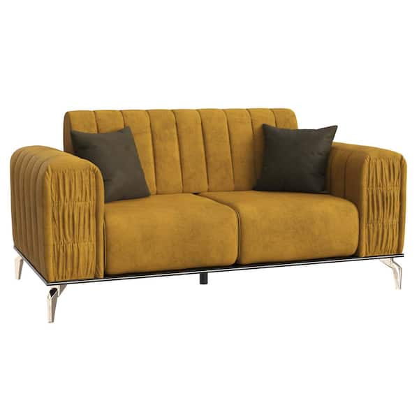 Ottomanson Bliss Collection Convertible 68 in. Mustard Microfiber 2-Seater Loveseat with Storage