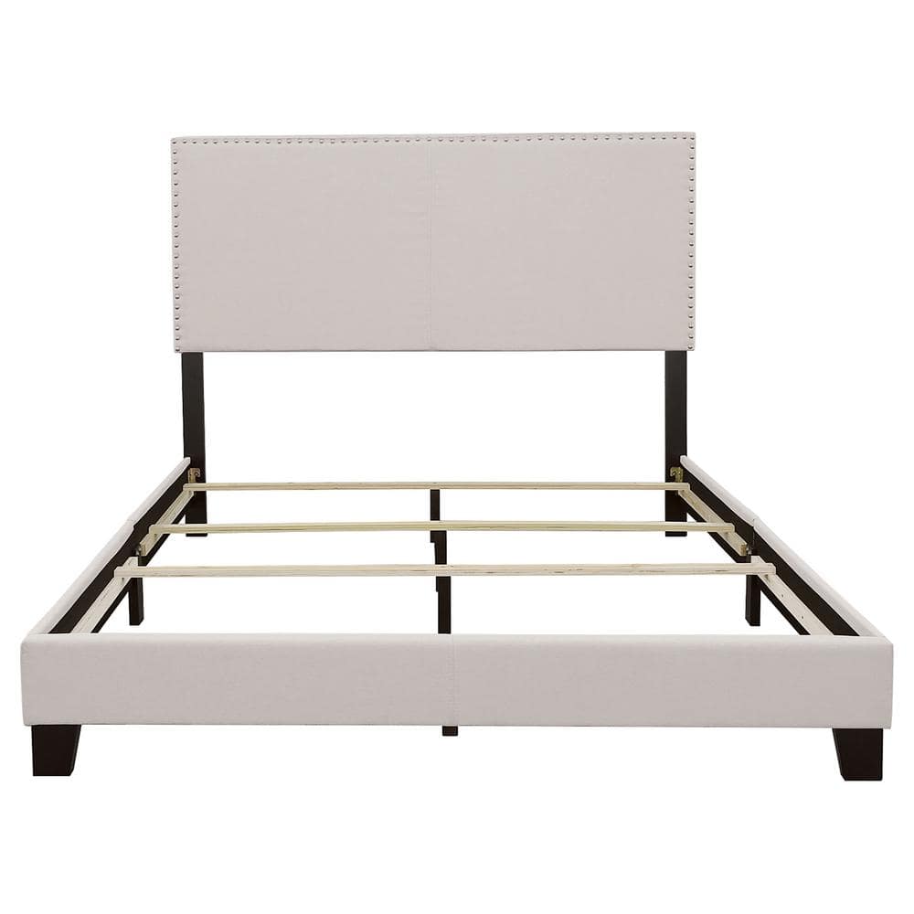 Ivory King Upholstered Wood Frame Bed with Nailhead Trim