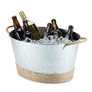 4.5 Gal. Seaside Jute Rope Wrapped Farmhouse Galvanized Ice Metal Beverage Tub, Wine, Beer Bottle Bucket