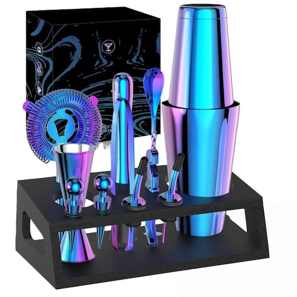 12-Piece Rainbow Stainless Steel Bar Set, Shaker Drink Mixing Tools, Muddler, Mixing Spoon, Strainer, Jigger and etc.