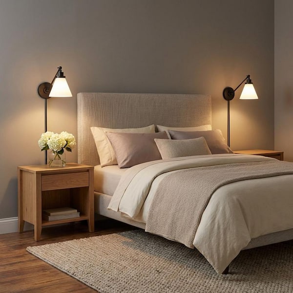 Wellfleet 7.25 in. W x 8.875 in. H 1-Light Midnight Black Dimmable One-Arm Wall Sconce with Milk Glass Shade