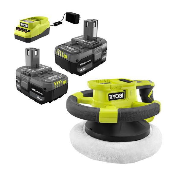 RYOBI ONE+ 18V Lithium-Ion 4.0 Ah Compact Battery (2-Pack) and Charger Kit with FREE 10 in. Variable Speed Random Orbit Buffer