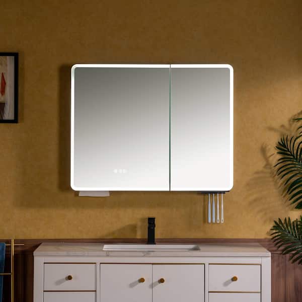 35.5 in. W x 27.5 in. H Rectangular Aluminum Surface-Mount Bathroom Medicine Cabinet with Mirror and LED Light in White