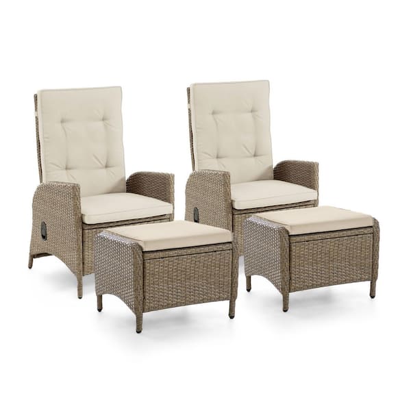 Garda Gas Spring-Assisted Reclining Backrest Wicker Outdoor Dining Chair With Beige Cushions and Ottomans (4-Pack)