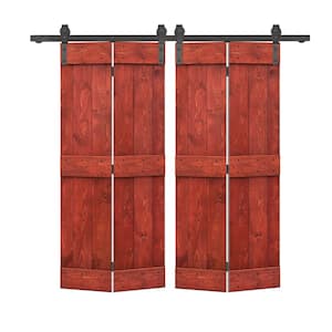 44 in. x 84 in. Mid-Bar Solid Core Cherry Red Stained DIY Wood Double Bi-Fold Barn Doors with Sliding Hardware Kit
