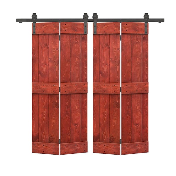 CALHOME 52 in. x 84 in. Mid-Bar Series Cherry Red Stained DIY Wood Double Bi-Fold Barn Doors with Sliding Hardware Kit