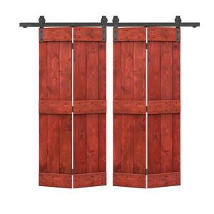 68 in. x 84 in. Mid-Bar Solid Core Cherry Red-Stained DIY Wood Double Bi-Fold Barn Doors with Sliding Hardware Kit