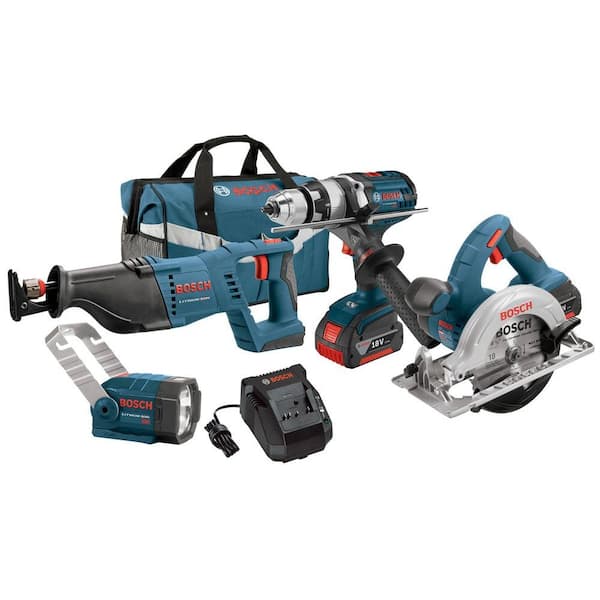 Bosch 18-Volt Lithium-Ion Cordless Drill/Driver, Reciprocating Saw, Circular Saw and Flashlight Power Tool Combo Kit (4-Tool)
