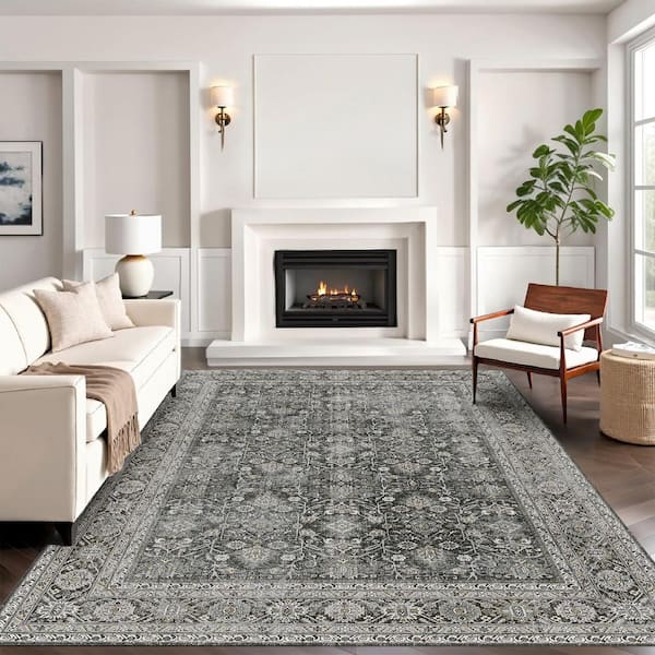 Kingston 8 ft. x 10 ft. Black Distressed Herati All Over Design Area Rug