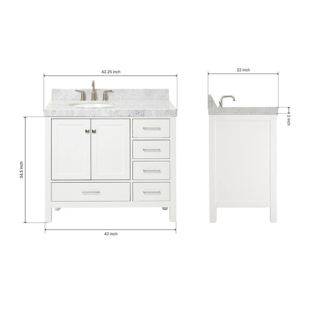 Cambridge 42'' White Wood Single Bathroom Vanity with Carrara Marble Top