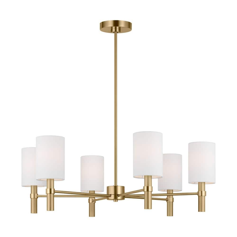 Satin Brass 6-Light Chandelier with White Linen Shades
