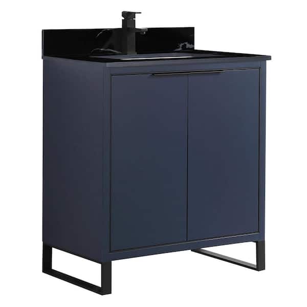 FINE FIXTURES Opulence 30 in. W x 18 in. D x 33.5 in. H Bath Vanity in Navy Blue with Black Marble Single sink Top