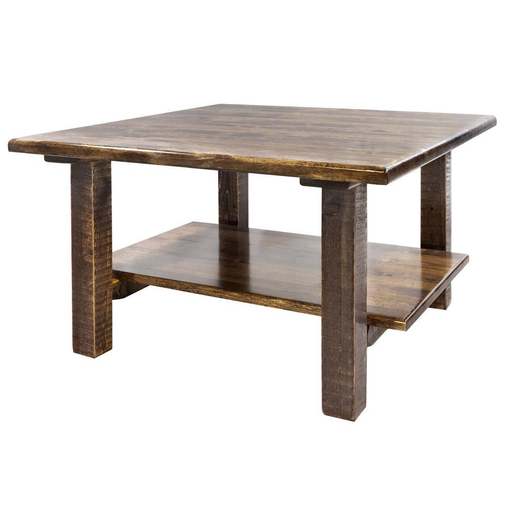 Rustic Pine Square Cocktail Table with Storage Shelf