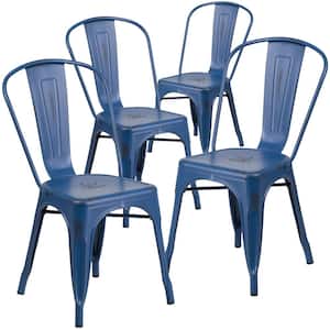 Stackable Metal Outdoor Dining Chair in Antique Blue (Set of 4)