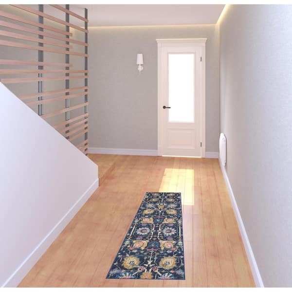 2 X 6 Blue Floral Washable Area Rug Runner Rug