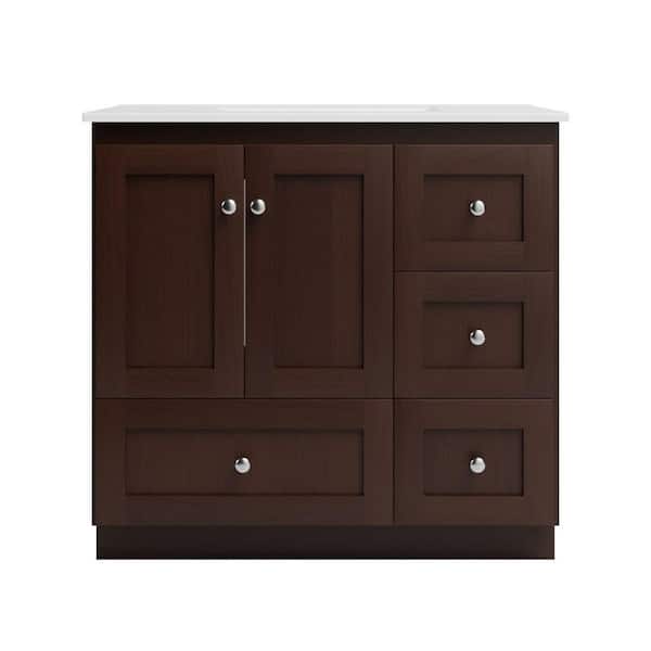 Shaker 37 in. W x 22 in. D x 35 in. H Vanity with Right Drawers in Dark Alder with Ceramic Vanity Top in White
