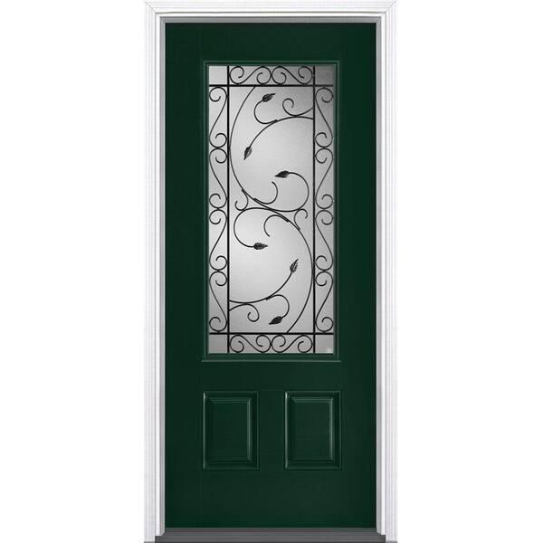 Masonite 36 in. x 80 in. Pergola Conifer 3/4 Lite Left Hand Inswing Painted Smooth Fiberglass Prehung Front Door with Brickmold