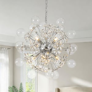 Yvon 9-Light 23.6 in.W Chrome Crystal Flower and Glass Globe Chandelier for Living Room and Entryway
