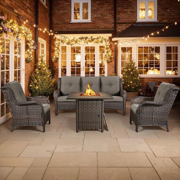 Pocassy 4-Piece Fire Pit Table Patio Sets Wicker Patio Conversation Set with Lounge Chair Gray Cushions
