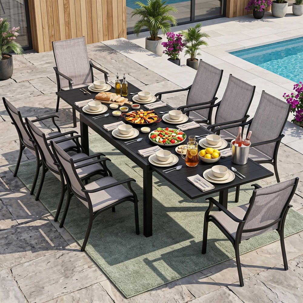 Black 9-Piece Aluminum and Textilene Rectangular Outdoor Dining Set with 53.1 in. 106. in. Extendable Table