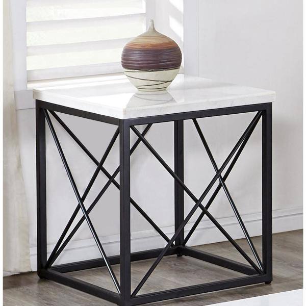 Skyler 26.5'' White Marble Top Square End Table with Black Iron Base