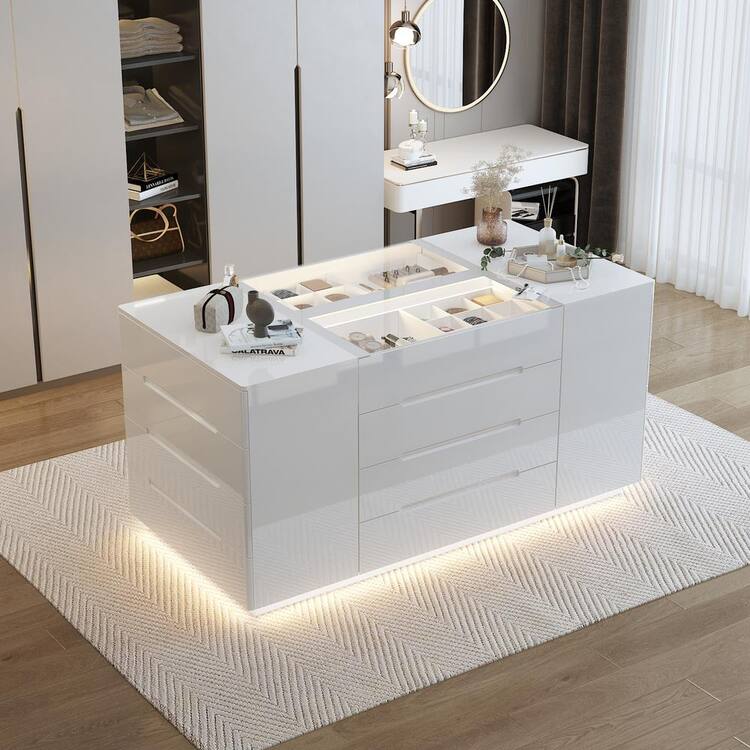 FUFU&GAGA White Mirror Finished Wooden Freestanding 63 in. W Large Jewelry Armoire With Tempered Glass Top and 16-Drawer
