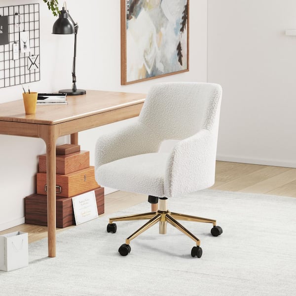 Stain Resistant Boucle Fabric Upholstered Adjustable Height Office Vanity Swivel Task Chair with Wheels in Cream