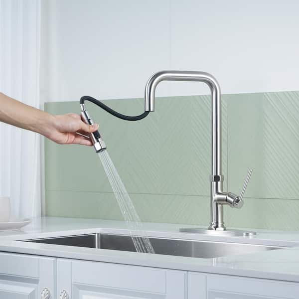 Brass Single Handle Pull Down Sprayer Kitchen Faucet with Advanced Spray, Deck Plate and Supply Lines in Brushed Nickel