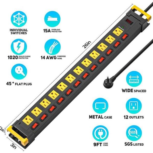 EKIEUDL - 12-Outlet Power Strip Surge Protector with 9 ft. Cord Metal and Individual Switches in Yellow