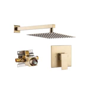Mondawell Square 1-Spray Patterns 9 in. Wall Mount Rain Fixed Shower Head with Valve in Brushed Gold