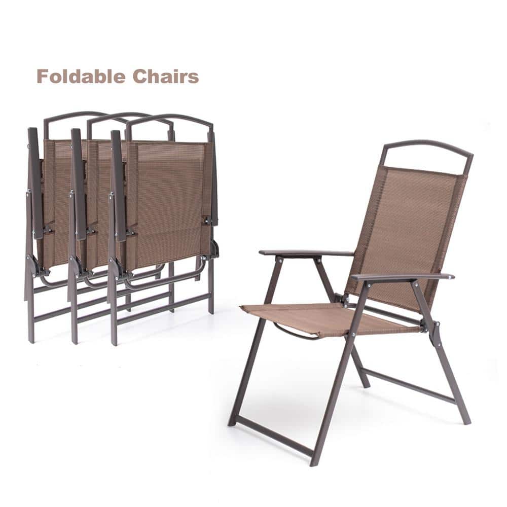 Brown Steel and Glass 5-Piece Patio Dining Set with Umbrella Hole
