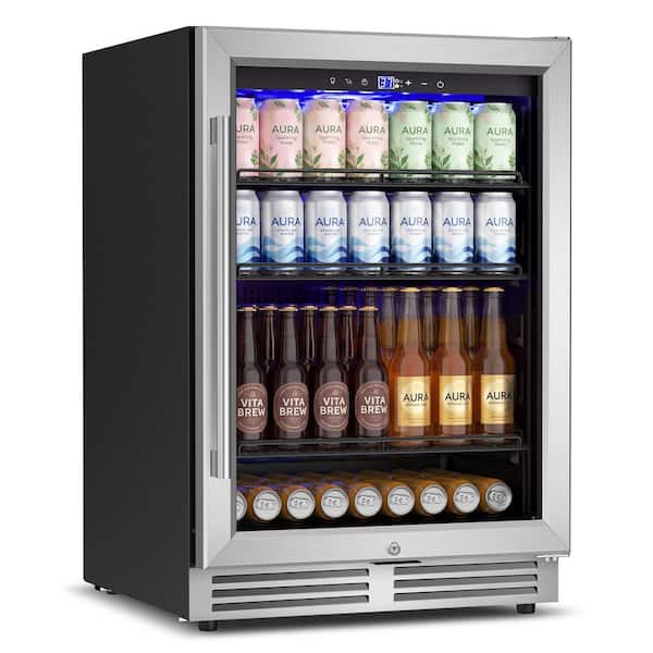 23.4 in. Single Zone 220 Plus Cans Beverage Cooler Built-in Refrigerator with 2-Door Handles in Silver Stainless Steel
