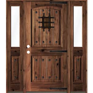 58 in. x 80 in. Medit. Knotty Alder Right-Hand/Inswing Clear Glass Red Mahogany Stain Wood Prehung Front Door w/DHSL