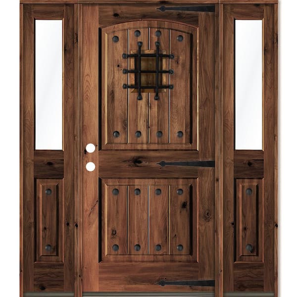 Krosswood Doors 70 in. x 80 in. Medit. Knotty Alder Right-Hand/Inswing Clear Glass Red Mahogany Stain Wood Prehung Front Door w/DHSL